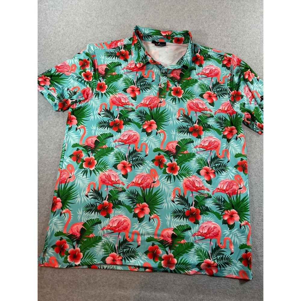 Yatta Golf Flamingo Tropical Floral Polo Shirt Mens XL Turquoise Pink #681